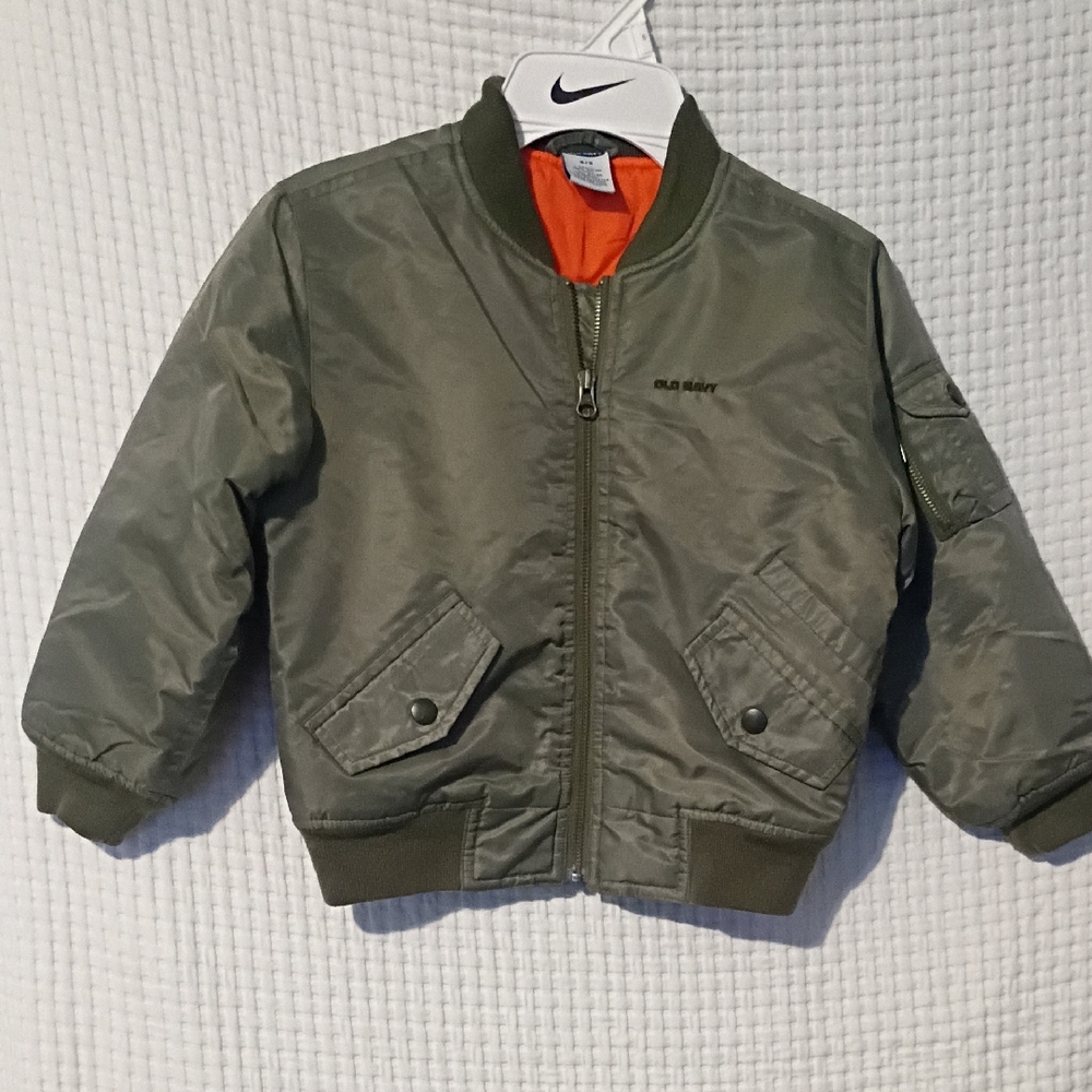 Old Navy Kids Olive Green Puffer Jacket with Orange Lining